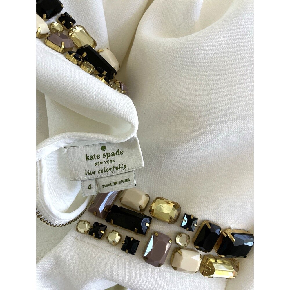 KATE SPADE sz 4 Boxy White Short Sleeve Big Rhinestone Jeweled Top Back Zip